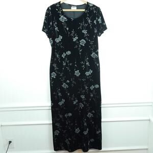 Vintage Size 14 Maxi Dress Black Velvet Dark Floral Whimsigoth Y2K 90s Grunge